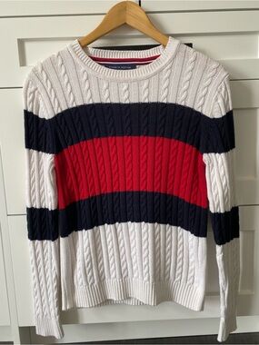 Tommy Hilfiger Cable Knit Crewneck Sweater in White, Navy & Red